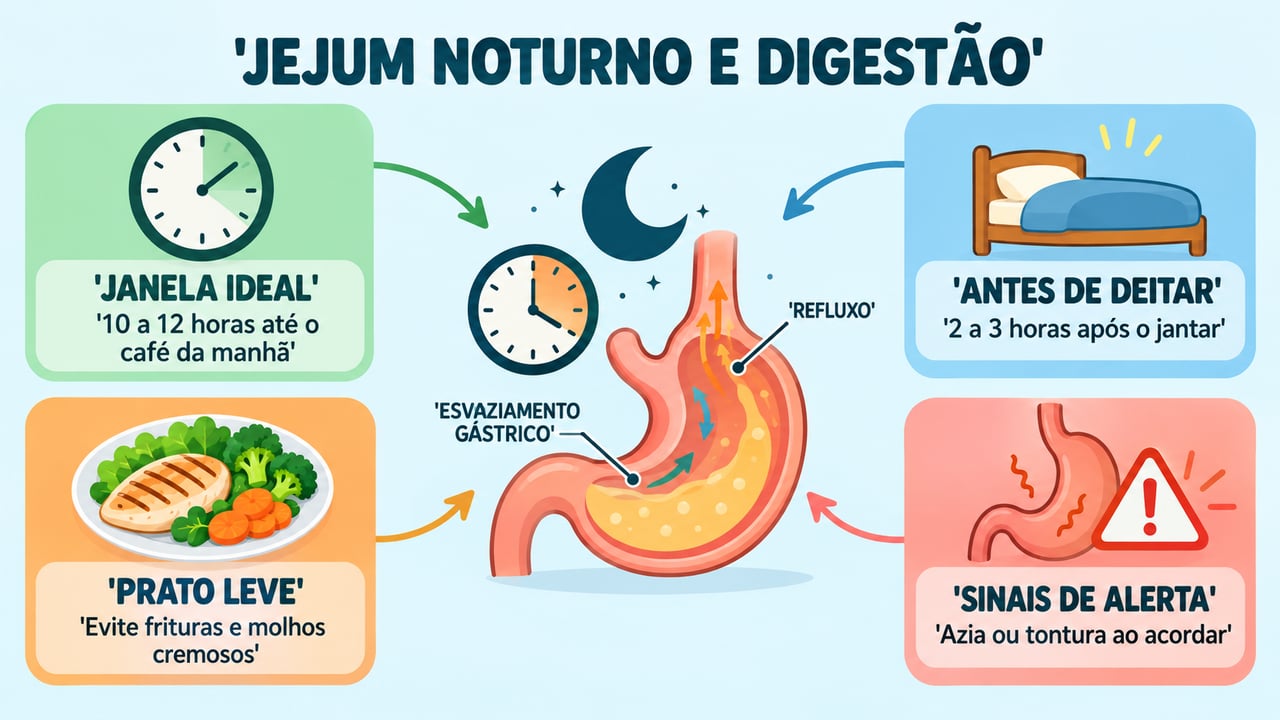 Janela de 10 a 12 horas, jantar leve e intervalo antes de deitar protegem a digestão.