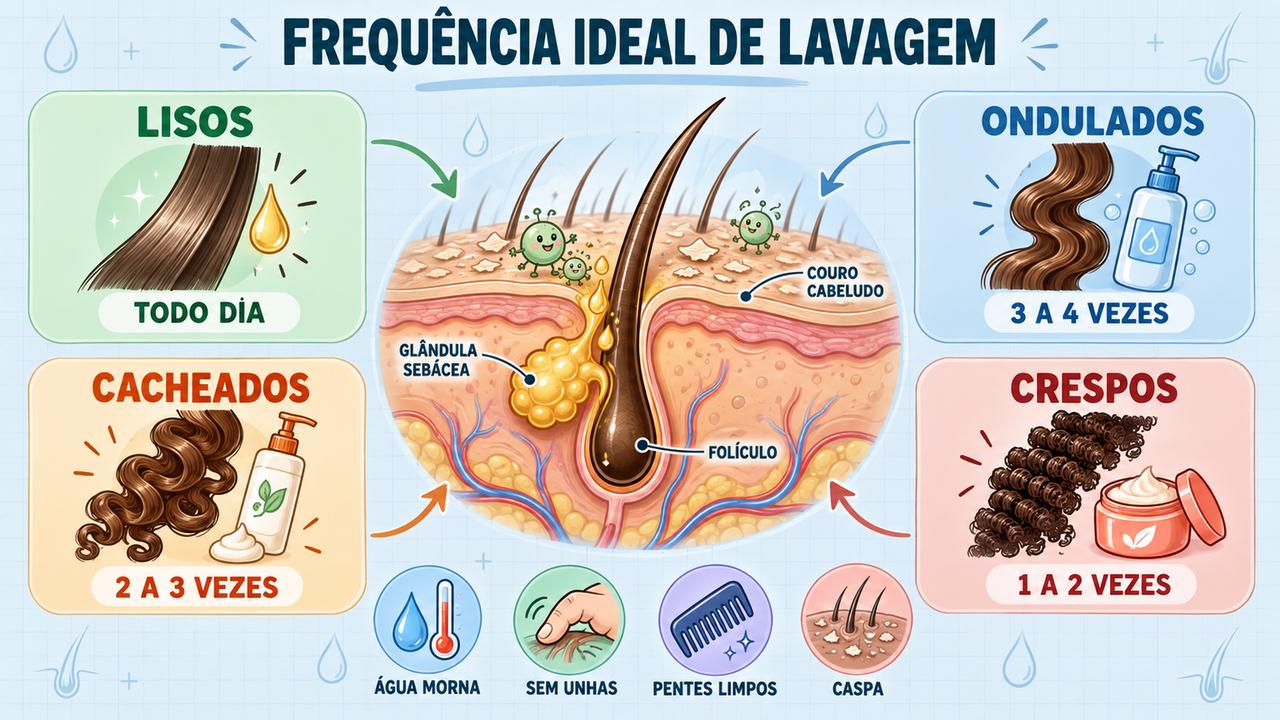 Frequência de lavagem para cabelos lisos, ondulados, cacheados e crespos, conforme a oleosidade da raiz.