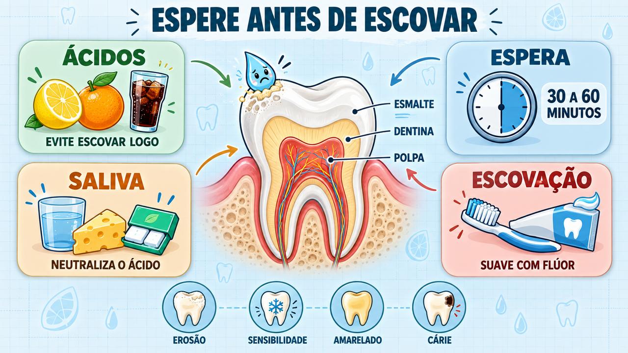 Quatro pilares para proteger o esmalte: evitar ácidos, esperar, contar com a saliva e escovar suavemente.