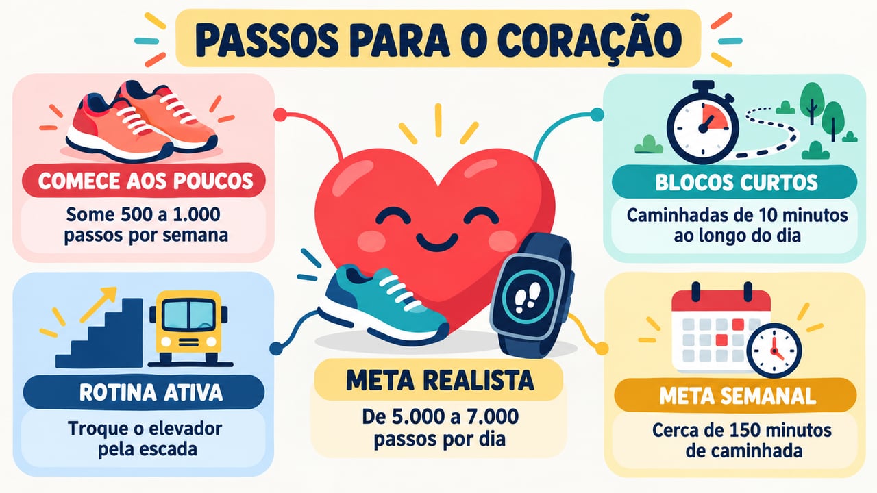 Entre 5.000 e 7.000 passos diários, com aumento gradual e blocos curtos, já reduzem o risco cardiovascular.