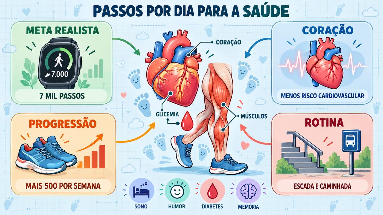 Meta realista, proteção do coração, progressão gradual e rotina ativa: os quatro pilares dos passos diários.