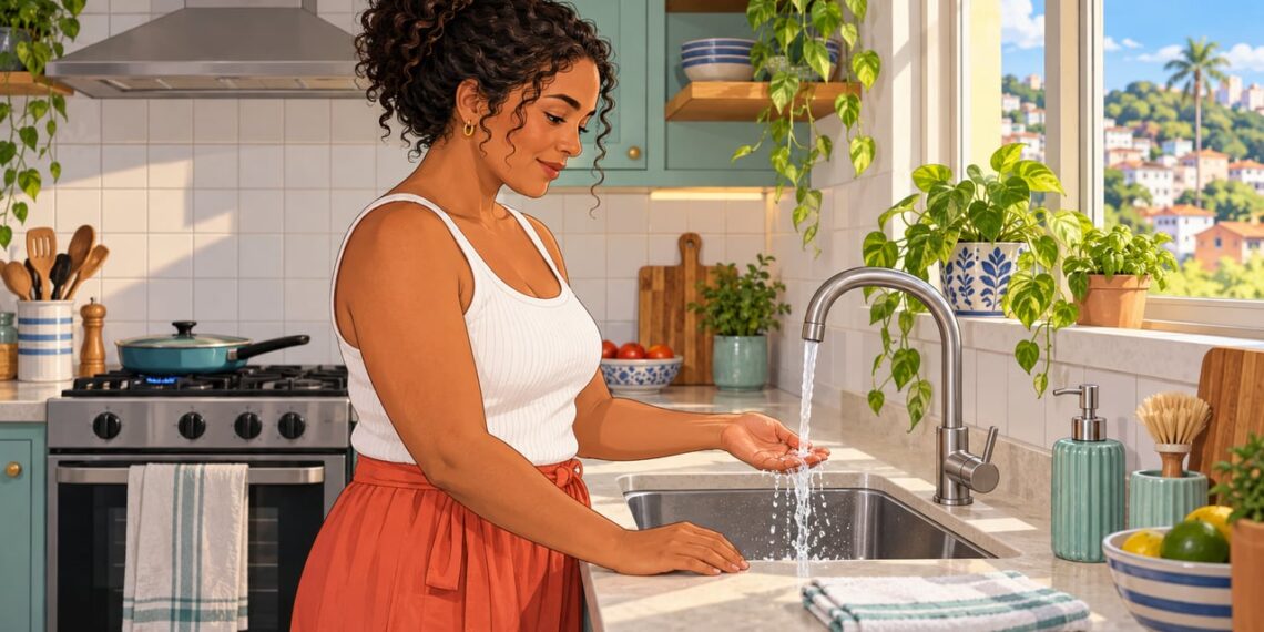 Água corrente fria por cerca de 20 minutos é o primeiro passo após uma queimadura na cozinha.
