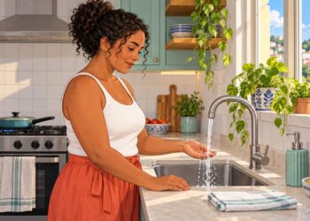 Água corrente fria por cerca de 20 minutos é o primeiro passo após uma queimadura na cozinha.