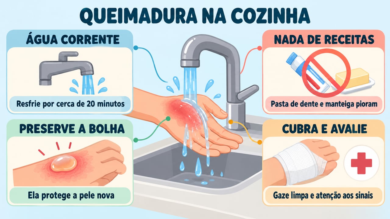 Quatro cuidados essenciais: água corrente, evitar receitas caseiras, preservar a bolha e cobrir com gaze limpa.