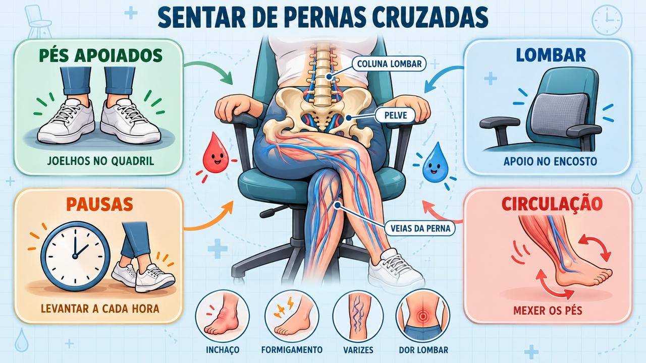 Quatro cuidados ao sentar: pés apoiados, apoio lombar, pausas regulares e movimento dos pés para a circulação.