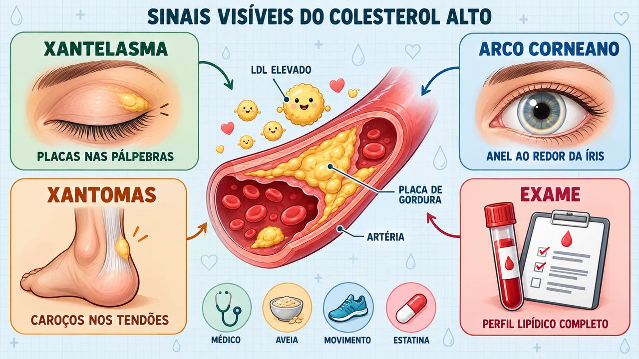 Xantelasma, arco corneano, xantomas nos tendões e exame de sangue: quatro pontos-chave para investigar o colesterol.