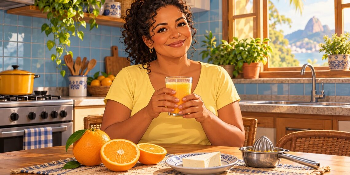 Suco de laranja no café da manhã: o hábito diário exige atenção à porção e ao açúcar.