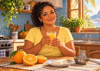 Suco de laranja no café da manhã: o hábito diário exige atenção à porção e ao açúcar.