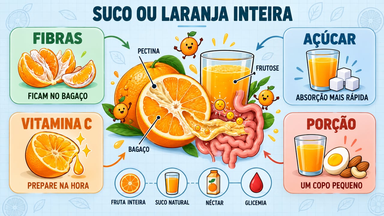Fibras, açúcar, vitamina C e porção: os quatro pilares para escolher entre suco e fruta inteira.