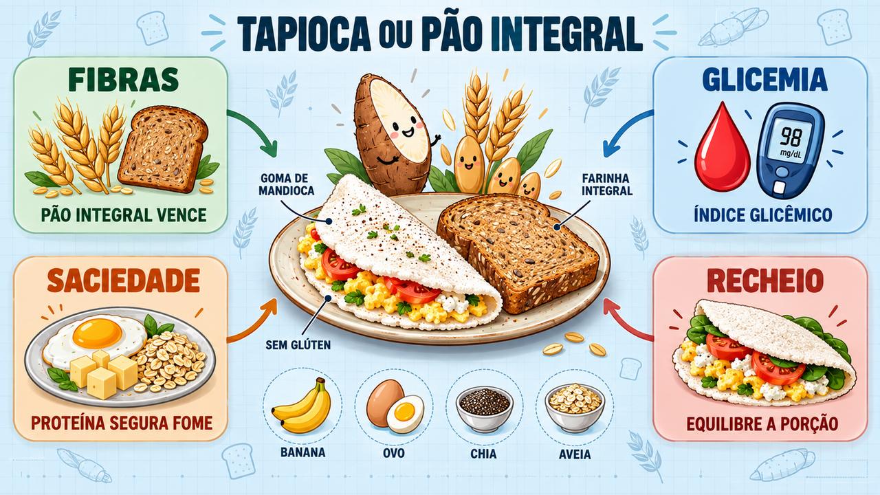 Fibras, glicemia, saciedade e recheio: os quatro pilares para escolher entre tapioca e pão integral.