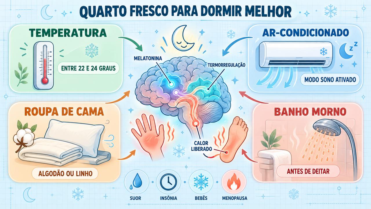 Quatro pilares do sono em quarto fresco: temperatura, ar-condicionado, roupa de cama e banho morno.