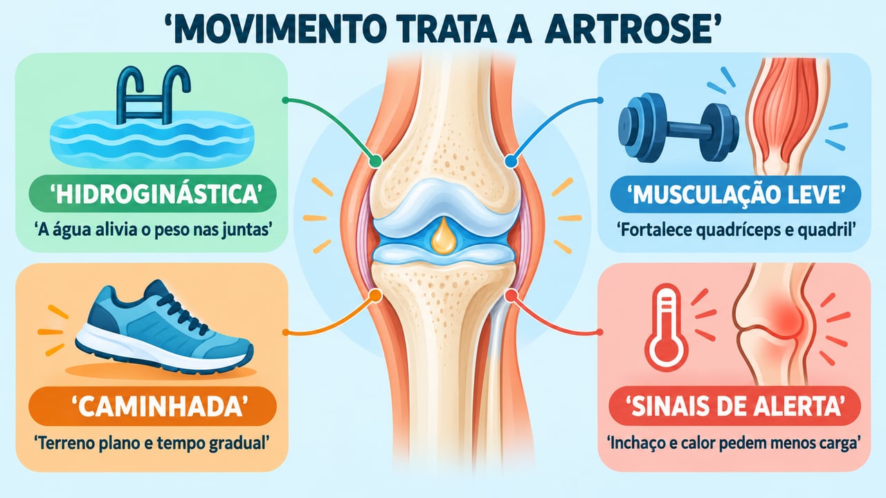 Hidroginástica, musculação leve, caminhada e atenção aos sinais de alerta guiam o movimento na artrose.