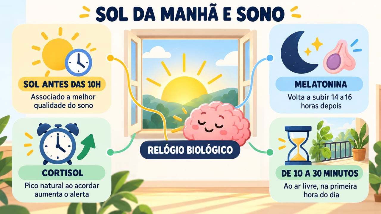 Infográfico mostra como o sol da manhã atua no relógio biológico, na melatonina e no cortisol.