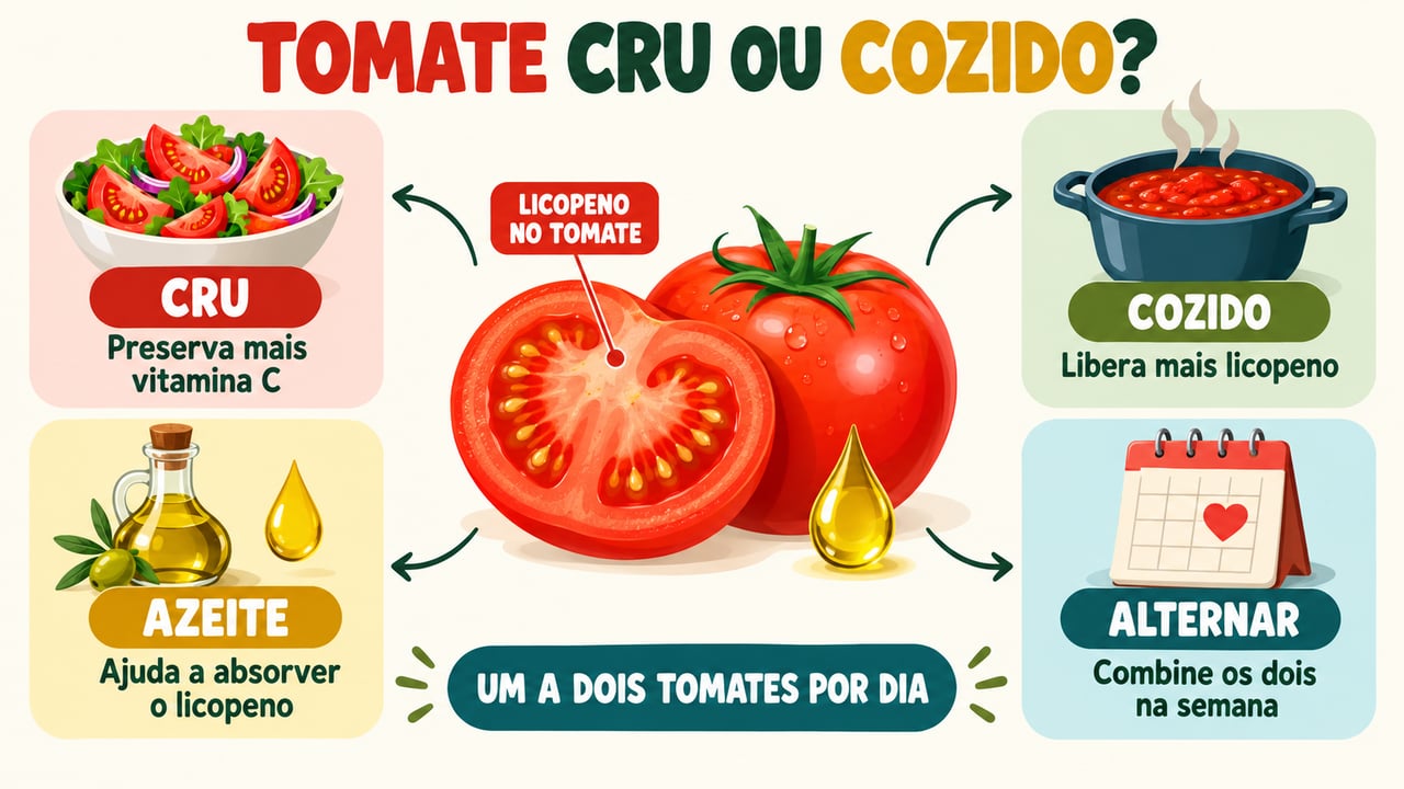 Cru preserva vitamina C, cozido libera licopeno, e o azeite ajuda a absorvê-lo.