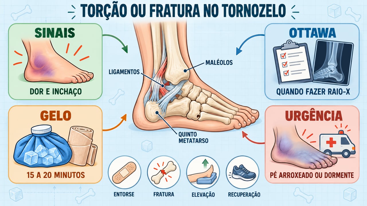 Sinais de alerta, regra de Ottawa, gelo com compressão e urgência: os quatro pilares do tornozelo lesionado.