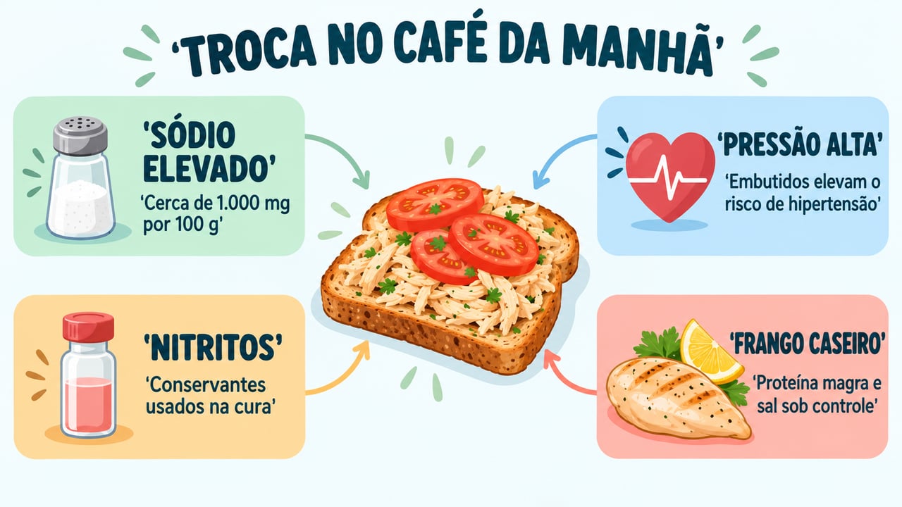 Sódio, risco de pressão alta, nitritos e frango caseiro resumem a troca no café da manhã.