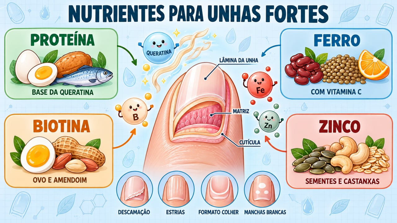 Proteína, ferro, biotina e zinco: quatro pilares alimentares para unhas mais firmes e resistentes.