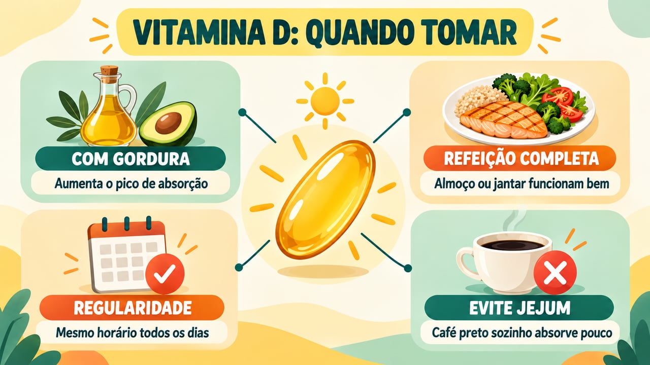 Quatro pontos para absorver melhor a vitamina D: gordura, refeição completa, regularidade e evitar o jejum.